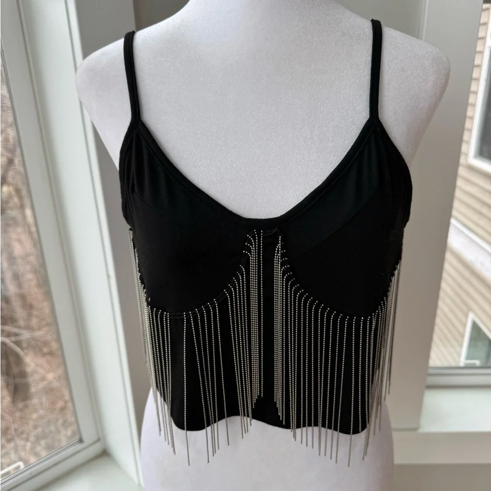 SHEIN Black Silver Bead Chain Corset Going Out Top Adjustable Spaghetti Straps L